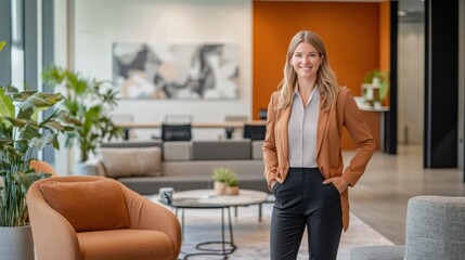 A woman stands in a room with a painting on the wall. Generative AI