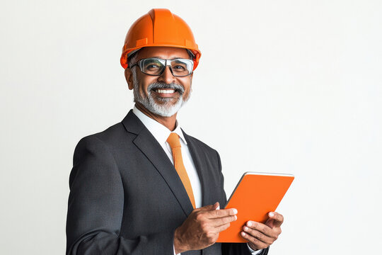 indian male engineer holding tablet
