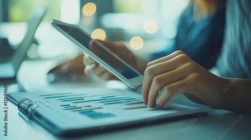 Poster a person using a tablet and reviewing documents on a laptop in a bright workspace, focusing on produ