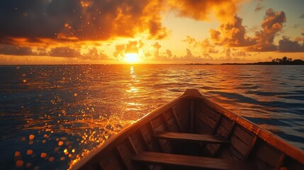 A peaceful sunset scene viewed from a boat, with vibrant orange and yellow hues reflecting on the calm waters.