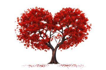 Obraz premium A stunning heart-shaped tree adorned with bright red leaves, each leaf glistening in the light. The tree has a wide canopy and a robust trunk