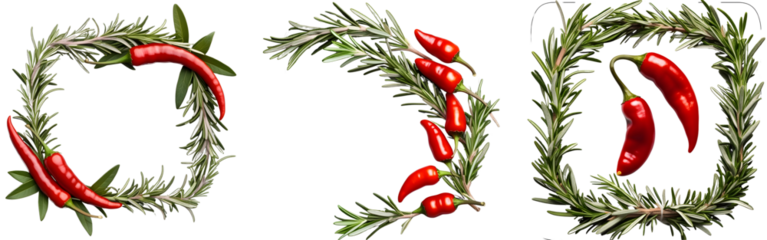 A rectangular border of intertwined rosemary leaves and red chili peppers, realistic texture, curved edges for a natural look, clean outlines, isolated on a transparent background