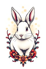 Obraz premium Cute white rabbit with flowers.