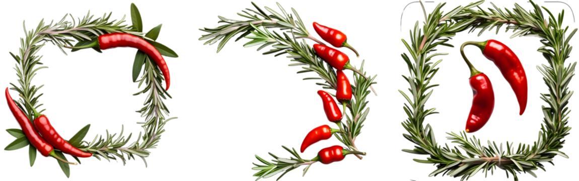 A rectangular border of intertwined rosemary leaves and red chili peppers, realistic texture, curved edges for a natural look, clean outlines, isolated on a transparent background