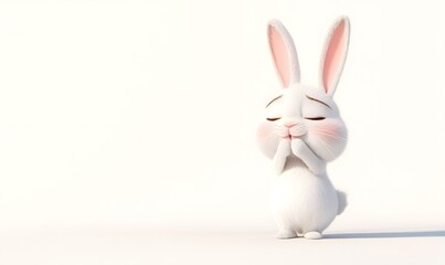 Fototapeta premium Cute bunny praying, white background, 3D render, Easter