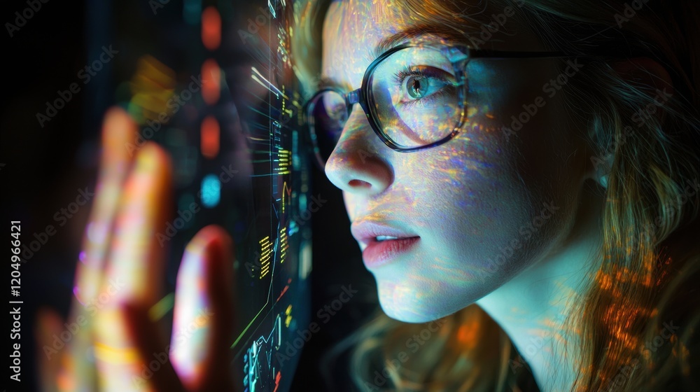 Aufkleber a woman is looking at a computer screen with a colorful image. generative ai