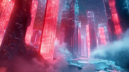 A Futuristic Cityscape with Glowing Towers and Fog