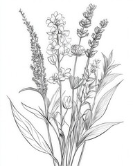 Elegant Line Art of Diverse Wildflowers on White Background