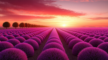 Obraz premium Vibrant lavender fields at sunset with glowing colorful sky.