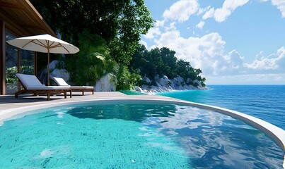 Summer Serenity, a tranquil scene of leisure by the pool, sunlit water reflecting the joy of a vacation escape.