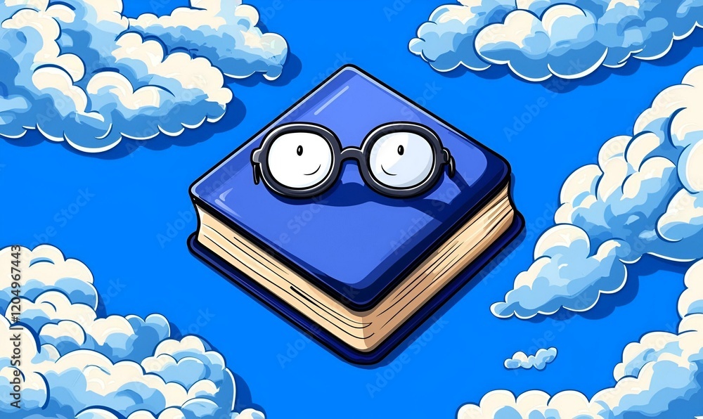 Poster bookworm in glasses soaring through clouds, surrounded by floating books, embodying the joy of readi
