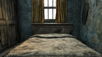 Obraz premium Forgotten Bedroom with Old Dusty Bed and Quilt in Abandoned Room with Rustic Charm