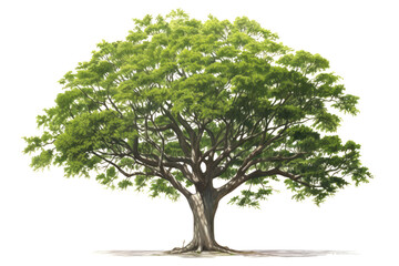 Fototapeta premium A tropical rain tree featuring a dense, leafy crown, demonstrating a variety of shades of green. The sturdy trunk is adorned with rough