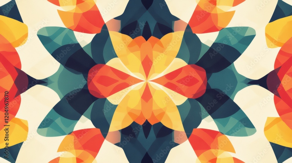 Poster colorful geometric pattern depicting floral shapes and vibrant colors in a symmetrical design. gener