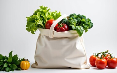 A vibrant assortment of fresh vegetables spilling out of a reusable cloth bag, emphasizing sustainable shopping and healthy eating.