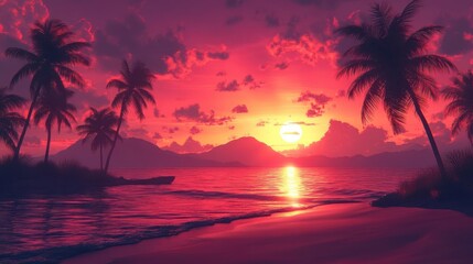 A vibrant sunset illuminates a serene beach scene, with palm trees silhouetted against a colorful sky reflecting on tranquil waters.