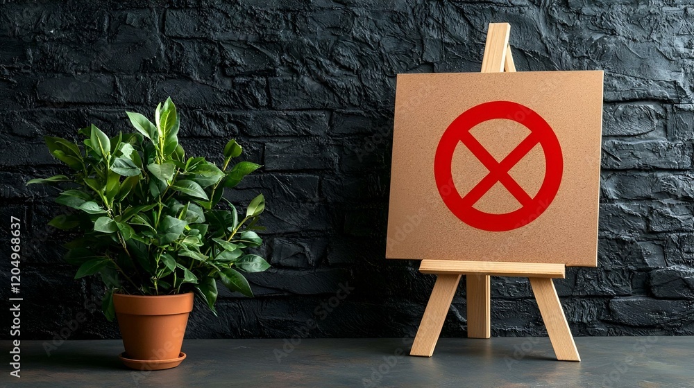 Poster no entry sign displayed on an easel, a clear restriction notice set against a simple backdrop, empha