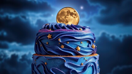 Scary Halloween night with a skeleton under a blue sky and moonlit clouds