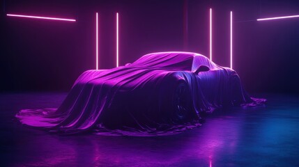 Unveiling sports car, neon studio, purple lights, reveal event