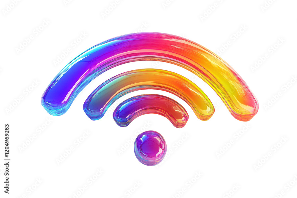 Poster a vibrant 3d-rendered wi-fi symbol featuring multiple bright colors, with each curved line shaded di