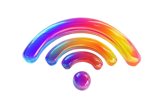 A vibrant 3D-rendered Wi-Fi symbol featuring multiple bright colors, with each curved line shaded differently to create a gradient effect.