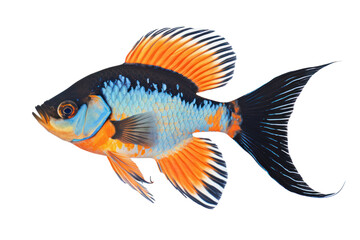 Fototapeta premium A vibrant Achilles fish showcasing its bright orange and blue coloration, swimming gracefully through the water. The fish's distinctive black markings are prominently displayed as