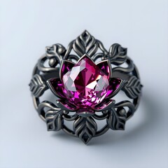 A stunning and intricate ring design featuring a black metal band adorned with delicate leaf motifs. At the center sits a vibrant pink gemstone shaped like a blooming lotus flower..