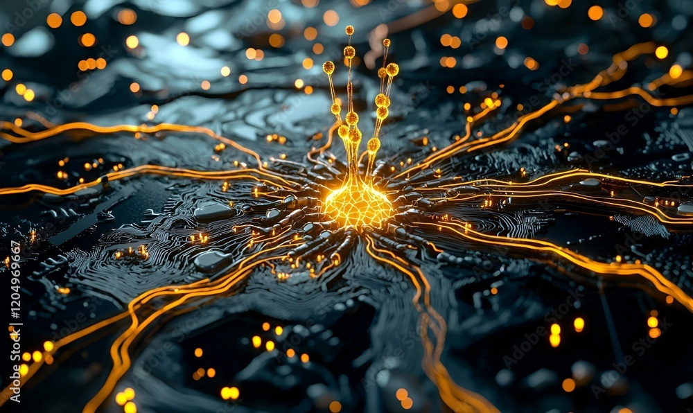 Poster neural network in nanotechnology, an abstract visualization showcasing intricate connections and adv
