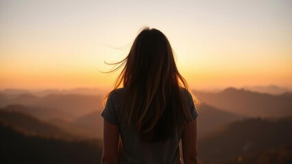 Fototapeta premium Serene Sunset Silhouette: A Woman Contemplates the Golden Hour Landscape