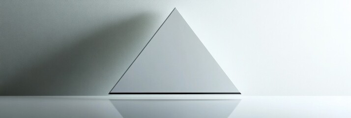 Minimalist triangular sculpture placed on reflective surface under soft lighting in modern interior setting. Generative AI