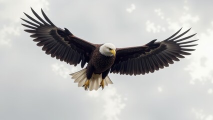 Fototapeta premium Soaring gracefully, a majestic bald eagle commands the sky from above with its expansive, shadowed wings. Its regal gaze sharpens as it glides rightward