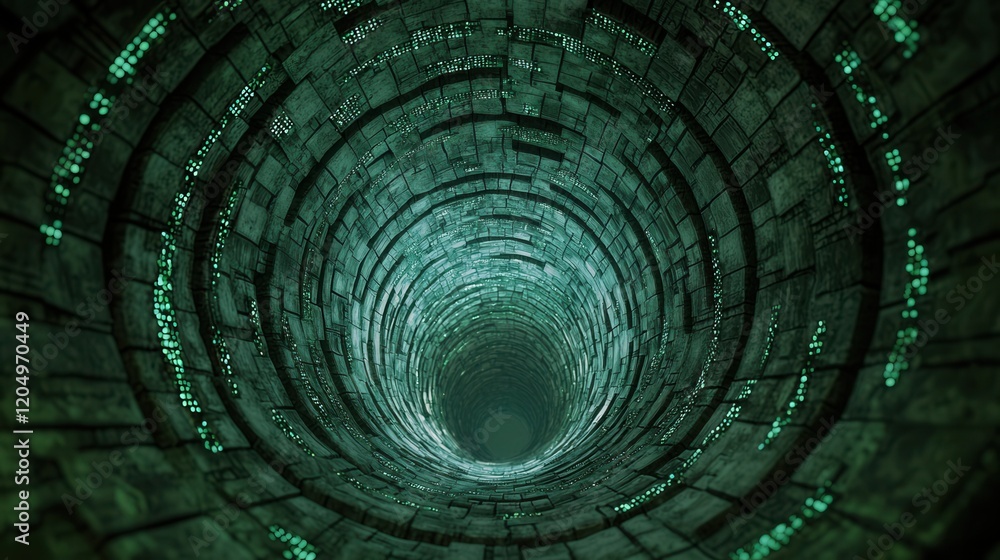Poster futuristic city built within hollowed out trunk with abstract digital elements and green glow