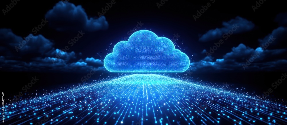 Poster glowing cloud symbol over digital data streams.