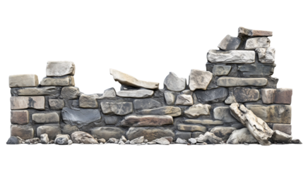 Broken brick and stone wall remnants, isolated on transparent background 