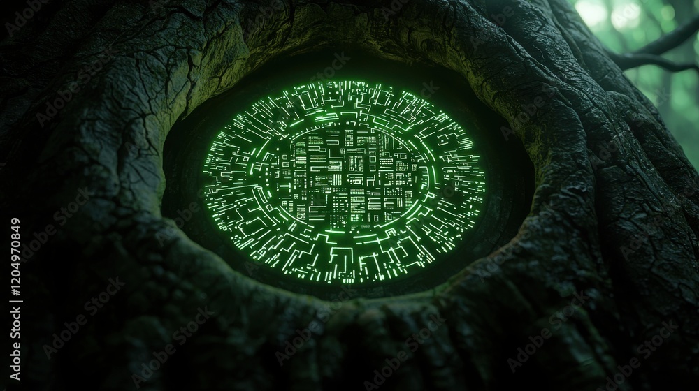 Poster futuristic city built inside hollowed-out trunk of ancient tree with green circuit patterns