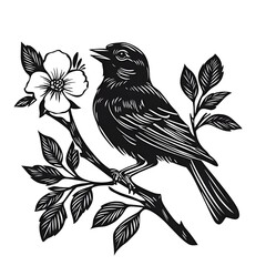 Fototapeta premium Delicate bird perched on a blooming branch, vibrant colors contrast with soft surroundings, symbolizing nature's tranquility and beauty.
