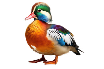 Obraz premium A vibrant, cute mandarin duck with colorful plumage, standing with wings slightly spread and head turned.