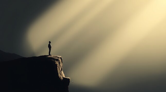Lone figure on clifftop, bathed in light. - Powered by Adobe