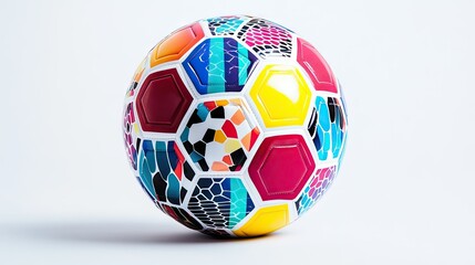 Obraz premium A vibrant soccer ball with colorful hexagonal patterns, resting on a clean white background.