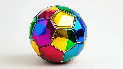 Obraz premium A vibrant soccer ball with rainbow-colored panels, displayed against a pristine white backdrop.