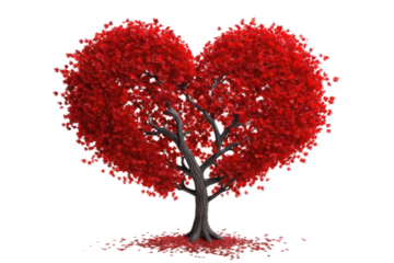 A vibrant red heart-shaped tree with lush foliage, its branches arching gracefully to form a perfect heart silhouette. The tree's trunk is sturdy and textured