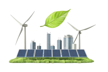 A vibrant landscape featuring a combination of wind turbines and solar panels, with a bright green leaf soaring above them. The image captures the essence of clean energy in a smart city