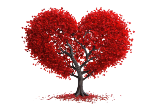 A vibrant red heart-shaped tree with lush foliage, its branches arching gracefully to form a perfect heart silhouette. The tree's trunk is sturdy and textured - Powered by Adobe
