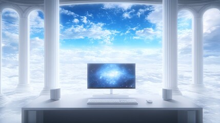 Fototapeta premium Heavenly Workspace Computer Setup in Cloud Palace