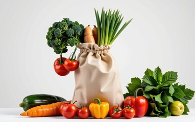 A vibrant assortment of fresh vegetables spilling out of a reusable cloth bag, emphasizing sustainable shopping and healthy eating.