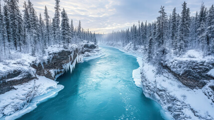 Serene Winter Landscape with Icy River Flowing Through Snow-Covered Forest and Majestic Rocky Cliffs under Cloudy Sky at Dawn