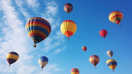 Obraz premium Balloons flying into the blue sky, symbolizing freedom and joyful celebrations 