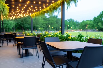 Obraz premium Inviting Outdoor Terrace Decked with Cafe Lights and Lush Greenery Ideal for Casual Dining Experiences