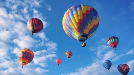 Obraz premium Balloons flying into the blue sky, symbolizing freedom and joyful celebrations 