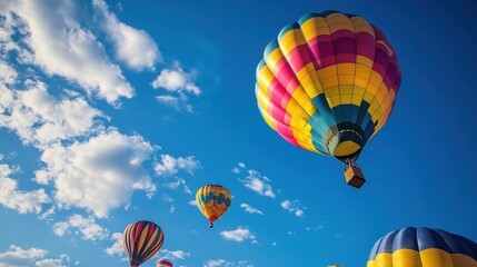Obraz premium Balloons flying into the blue sky, symbolizing freedom and joyful celebrations 
